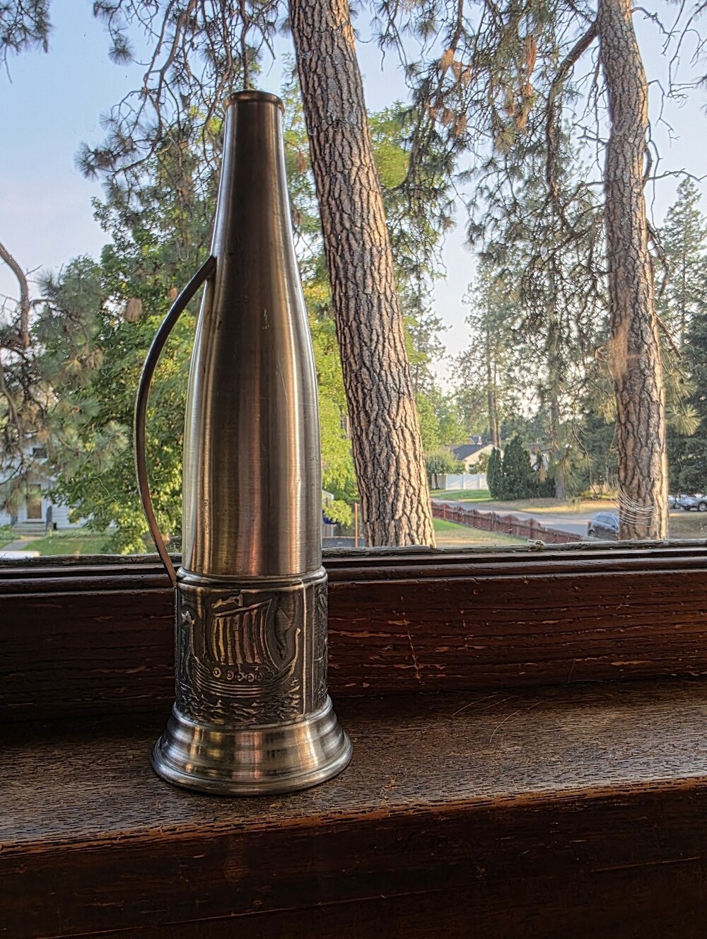 Vintage G Holsen Tinn Norway Pewter Pitcher Bud Vase Scandinavian Viking Relief